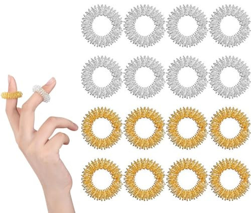Fenglin-joy Massageringe für Finger,16 Stücke Massage Ring Anti Stress Acupressur Ringe Akupressur Ringe FingerFür Kinder,Erwachsene,Hoher Arbeitsdruck(Gold,Silber)
