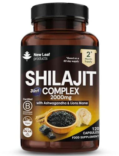 Shilajit Complex enriched with Ashwagandha & Lions Mane, High Strength 2000mg Himilayan Shilajit Complex Capsules with 60% Fulvic Acid - 2 Months Supply Made in The UK By New Leaf