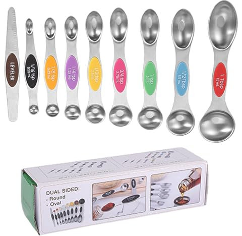 Yiurse Cucharas medidoras | Paquete de 9 cucharaditas magnéticas de doble cara | Cucharas medidoras de acero inoxidable que se adaptan a la mayoría de tarros de cocina para hornear y cocinar