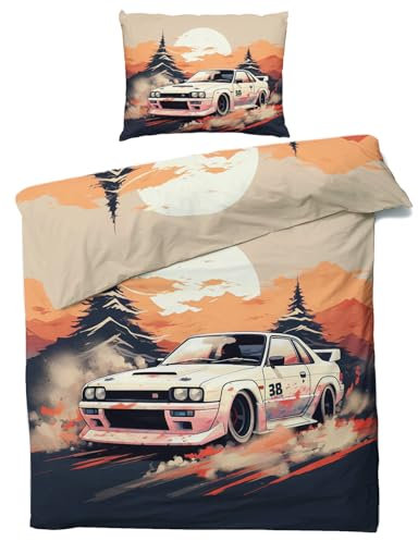 Bettwäsche 135x200 JDM - Japanische Sportwagen Bettbezug 2er Set, 110gsm Mikrofaser, Weiche & Kuschelige & Bügelfreie Wendebettwäsche, 1 Kopfkissenbezug 80x80, mit Reißverschluss &2370