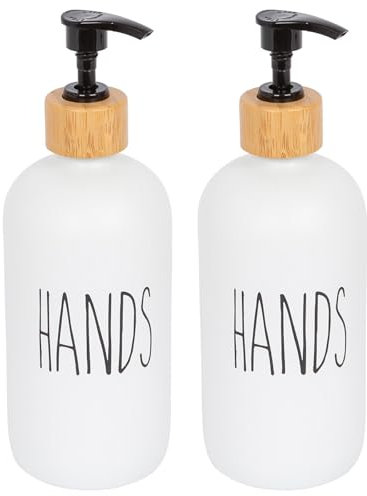 Harbour Housewares Glass Hand Soap Dispensers Pack of 2 White 500ml - Refillable Bottles with Bamboo Pumps - Modern Bathroom and Kitchen Accessories for Hand Wash, Lotion or Sanitiser