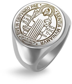 Amaxer Siegelring für Herren, Heiliger Benedikt von Nursia, Medaille, religiöser Schutz, Amulett, Edelstahl, Punk-Statement-Ring