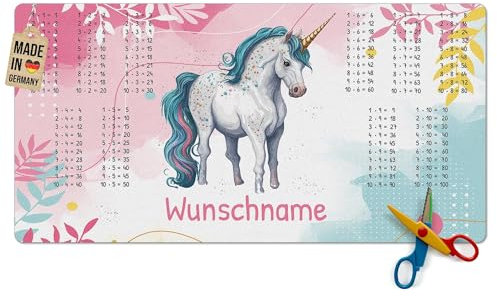 Pr Print Royal Schreibtischunterlage selbst gestalten mit Name - mit kleinem Einmaleins - Einhorn - Waschbar, Personalisierte Geschenke zur Einschulung | 80x40 cm, Rutschfest