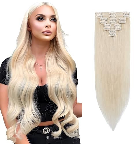Rich Choices Clip in Extensions Echthaar 8 Stück Clip Extensions 35cm #70 Weißblond Haarverlängerung Echthaar Remy Seidig Gerade Invisible Clip ins Haar Extensions Natürlich - Dünne Tressen