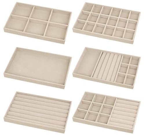 6 Pcs Bandeja de Terciopelo para Joyas, Apilable Cajón Insertar Bandejas de Joyería, Bandeja Organizadora de Joyas, Joyería Bandejas de Visualización para Anillo Pendiente Collar Pulsera - Beige