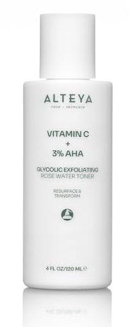 Alteya Glycolic Exfolierendes Rosenwasser Toner 120ml mit Vitamin C + 3% AHA - Sanftes Peeling, Glättet die Hautstruktur und Hellt die Haut auf - Für alle Hauttypen