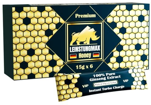 Premium Leinstungmax Honig | 100% rein mit Ginseng-Extrakt, Honig, Vitamin C, Tribulus-Extrakt, Bockshornklee-Extrakt | Extra starke, sofortige Wirkung für intime Momente des Mannes -6 Beutel