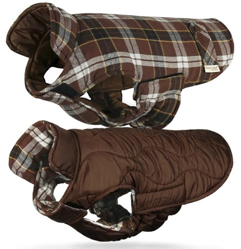 VIVAGLORY Softjoy Dog Coat, Coat & Jacket for Dog Winter & Christmas, Jacket with Harness Hole & Velcro Closure, Reversible Plaid Checkered Warm Fluffy Heavy Duty, XXS, Coffee