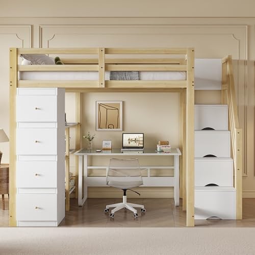 Arhatreya Hochbett 140x200 cm, Kinderbett mit Regalen, Jugendbett mit Schubladen, Massivholzbett mit Sicherheits-Kletterleiter, Holzbett für Kinder Jugendliche (Ohne Matratze) Holzfarbe