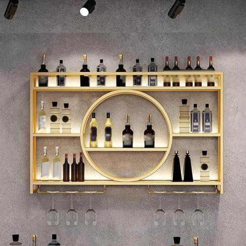 GWWBD Porte Bouteilles Mural,Rangement Mural Cuisine sans Perçage Meuble Range Bouteille Colonne Casier Industriel Vintage Support Etagere Murale Industrielle(Size:140 * 15 * 80cm,Color:Or)