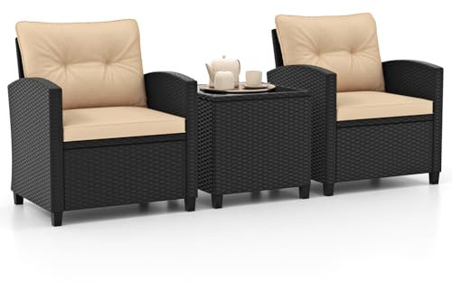 GYMAX 3-teiliges Rattan Gartenmöbel Set, Terrassenmöbel Set inkl. Kaffeetisch aus gehärtetem Glas & 2 Armlehnstühlen, Balkonmöbel Set, Rattan Sitzgruppe für Balkon, Garten & Pool (Erdgelbes Kissen)