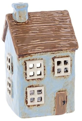 Lichthaus | Teelichthaus | Lichterhaus | Teelichthalter | Kerzenhalter | Keramik (Hellblau/Braun 14x8,5x8,5 cm)