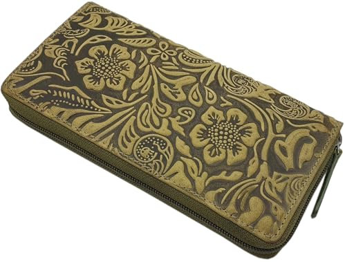 myledershop Große Vollrindleder Damen Geldbörse/Geldbeutel/Portemonnaie/Geldtasche/Portmonee rundherum mit Lianen Prägung oder ohne Prägung und RFID & NFC Schutz inkl. Nähset (Lemongrün)