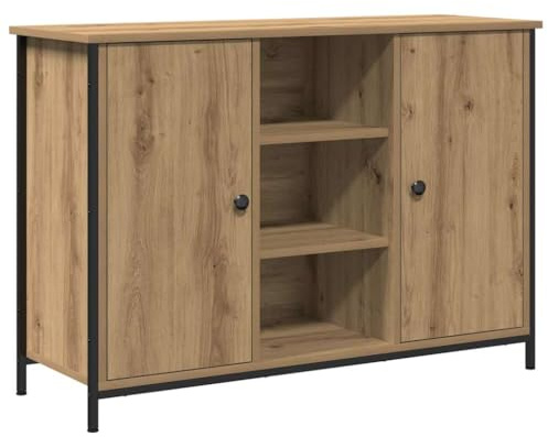 Makastle Sideboard mit 2 Türen und 3 Fächern, Wohnzimmerschrank, vielseitiger Stauraum für Wohnzimmer, Esszimmer und Flur, Artisan Eiche 100x35x70 cm Holzwerkstoff und Stahl