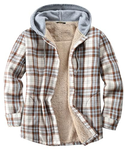 Derbars Damen Sherpa Gefüttert Flanell Hemdjacke Baumwolle Plaid Fleece Button Down Jacken mit Kapuze für Frauen, Braun, XXL