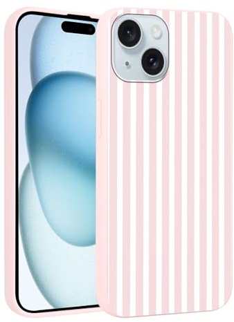 Foonary Stripes Phone Case for iPhone 15 PLUS Cute Fashion Pattern Case 6.7, Aesthetic Trendy Stylish Design Women Girly Cover Camera Protective Slim Silicone Shockproof, Pink