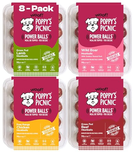 Poppy’s Picnic - POWER BALLS Variety Pack – 8 Pack Raw Frozen Dog Food – High Protein Fresh Food – Frozen Dog Food Raw – Beef, Chicken, Lamb & Wild Boar Power Balls – 8 x 360g