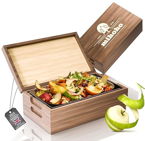 Mihoho Compost Bin with Lid 4L, Kitchen Countertop Compost Bin, Smell Proof Food Waste Trash Can with Removable Inner Container, Food Waste Caddy for Kitchen (walnut c)