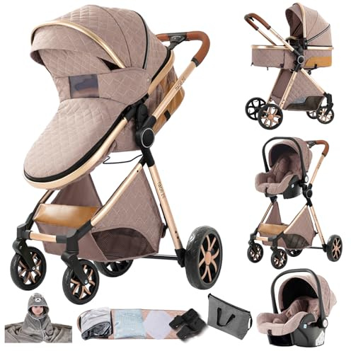 Aveainelle Kinderwagen 3 in 1, Babywagen, Baby Stroller | Einklappbar per Knopfdruck, verstellbarer Sitz, in beide Richtungen schiebbar, Fünfpunktgurt, von Neugeborenen bis 4 Jahre