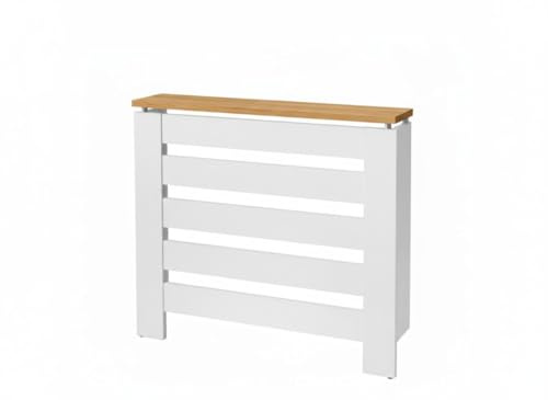 D&J Muebles Kit Cubre Radiador Blanco y Roble 90cm Moderno Hércules | Mueble Decorativo con Listones | Fácil Montaje (60cm, 90cm, 120cm) | 90x83,5x19,5