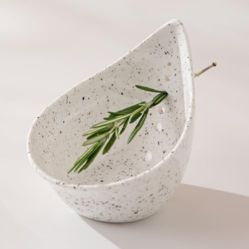 Herb Stripper Bowl, Ceramic Herb Peeling Bowl, Herbs Leaf Stripping Tool | Kitchen Pottery Herb Peeler for Thyme, Basil, Rosemary, Parsley, Oregano, Cilantro Stripper, Speckled glaze (White)