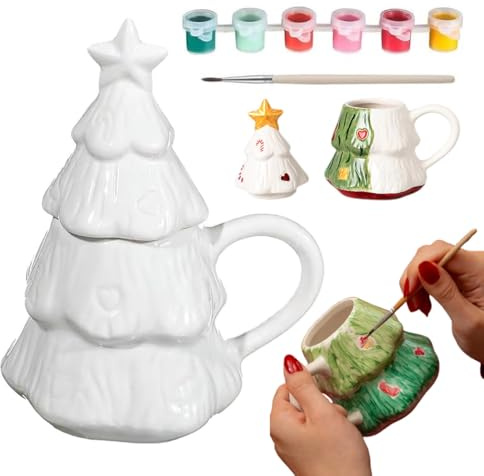 LexTex DIY Ceramic Christmas Mug with Painting Kit, Paint Your Own Ceramic Christmas Tree Mug, Funny DIY-Friendly Paintable Xmas Series Coffee Cups, 300ml Personalized Coloring Xmas White Coffee Cup