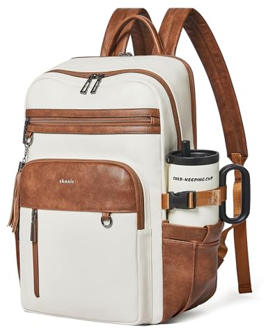 Shrrie Vegan Leder Laptop Rucksack für Frauen, 17 Zoll Computer Rucksack Tasche für die Arbeit Business College Reiselehrer Krankenschwester mit Anti-Diebstahl Tasche & Riesenglashalter Tasche