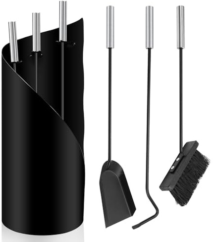 ISOISL Serviteur de cheminée 4 pièces – Accessoires de cheminée modernes en noir avec poignées en acier inoxydable (balai, pelle, crochet en fer, support)