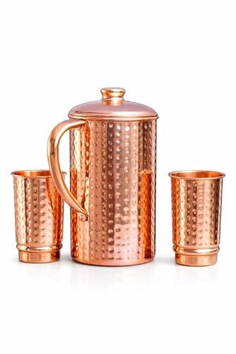 HEALTHANDVEDA™ Pure Copper Water Jug | Copper Pitcher with Lid for Drinking Water | Traditional Ayurvedic Tamra Jal Vessel for Drinking Water 1.5Lt Capacity (Hammered Copper Jug + 2 Cup)