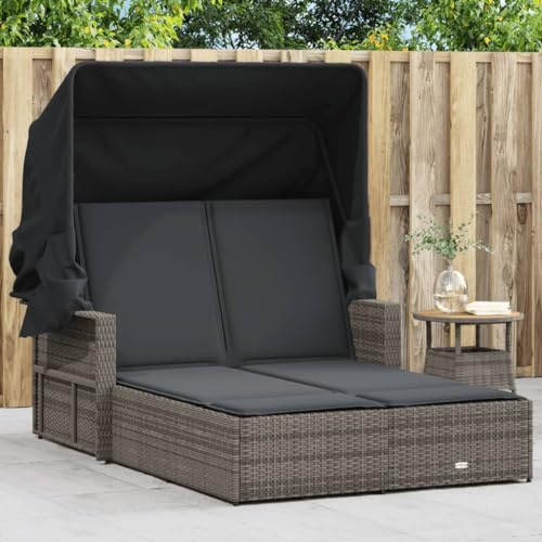 Hommdiy Doppel-Sonnenliege Gartensofa,Gartenlounge Outdoor,Sonnenliege Gartenliege Balkon mit Dach und Auflagen Grau Poly Rattan