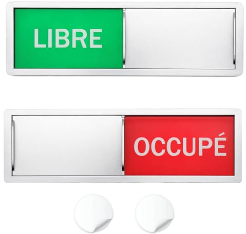 NYVOR Panneau de Porte, 17.7 * 5.2 * 0.5cm Plaque Coulissante Magnétique avec Adhésives 2PCS, Enseigne Claire pour Salle de Réunion École Bureaux Toilette (Argenté, LIBRE/OCCUPÉ)