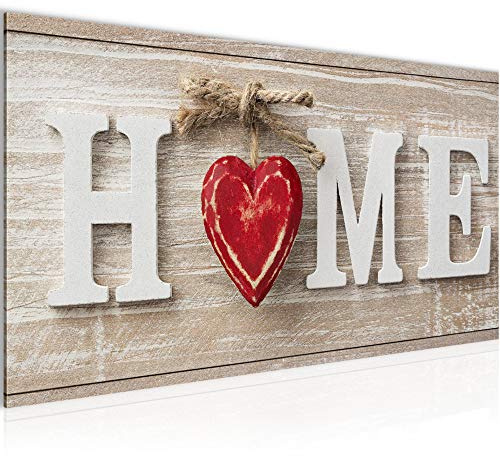 Runa Art Wandbild Home Herz 1 Teilig 100 x 40 cm Modern Bild auf Vlies Leinwand Holzoptik Wohnzimmer Beige Rot 505212a