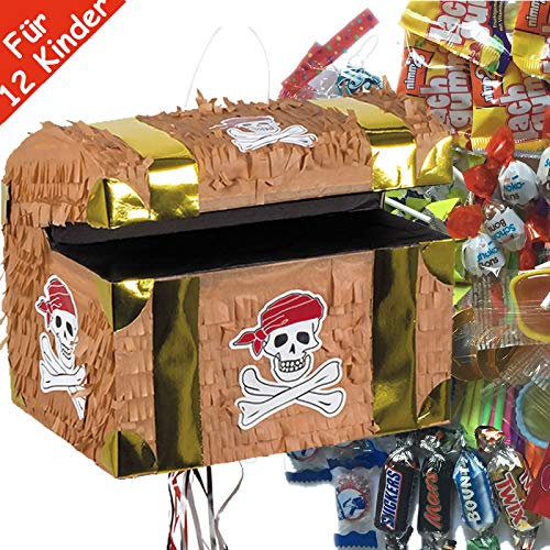 Pinata-Set * SCHATZTRUHE * mit Zug-Piñata + 100-teiliges Süßigkeiten-Füllung No.1 von Carpeta | Spanische Zugpinata für 12 Kinder | Tolles Piraten Spiel für Kindergeburtstag mit Schatzkiste