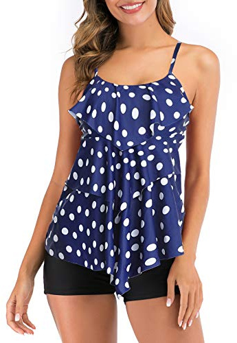 FLYILY Maillot de Bain 2 Pièces Femme Tankini Ensembles à Volants Maillot Haut Imprimé avec Short de Garçon(BlueDot,XL)