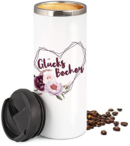 GRAZDesign Thermobecher Kaffeebecher Glücks Becher, Coffee to go Becher, Geschenk für Mama, Freundin, Kollegin, 450 ml Travel Mug Weiß