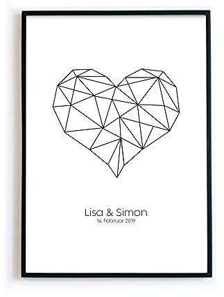 Herz Poster mit Vornamen & Datum - personalisiertes Geschenk für Paare zum Jahrestag, Geburtstag, Weihnachten, Valentinstag. Hochzeitsgeschenk an das Brautpaar.