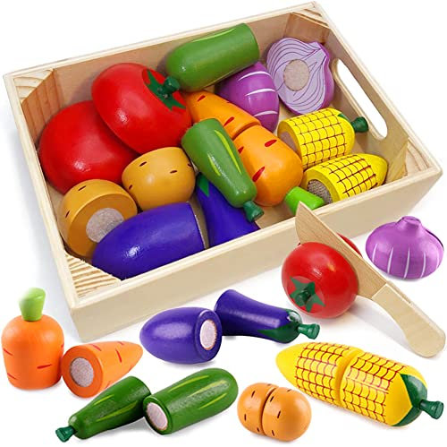 Airlab Wooden Play Food Set - Kids Kitchen Role Play Toys, Toddler Pretend Play Kitchen Accessories, Cutting Fruits & Chopping Vegetables - Educational Gift for Boys & Girls