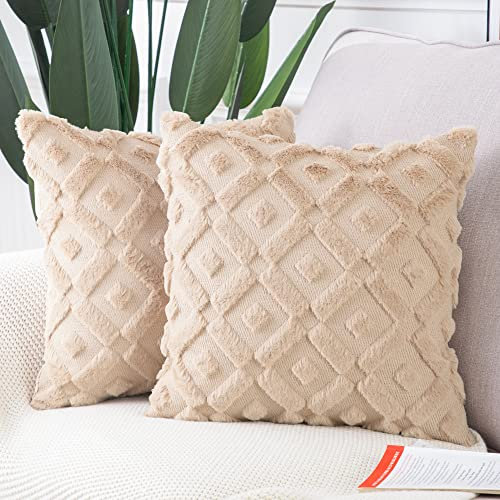 Madizz 2er Set Sanft Plüsch Kurze Wolle Samt Dekorativ Zierkissenbezüge Luxus Stil Kissenbezug für Sofa für Schlafzimmer Khaki 60x60 cm Quadrat