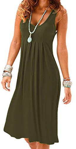 Camisunny Lässiges lockeres Tankkleid für Damen, ärmellos, Strand, Urlaub, Swing, plissiert, U-Ausschnitt, modisch, weich, 01 Army Green, Klein