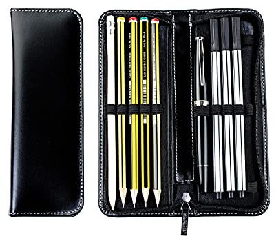 DELMON VARONE - Lehrer & Lehrerin Schreibgeräteetui in Leder Schwarz - Stifte-Etui mit Reißverschluss für 10 Schreibgeräte - Federmäppchen als Geschenk zum Abschied - Lederetui für Stifte & Füller