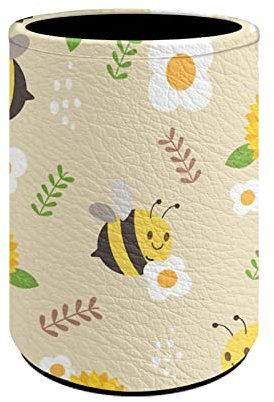 Coloranimal Bee Print Leather Pencil Holder Round Pen Cup Holder for Desk,Office Stationery Storage