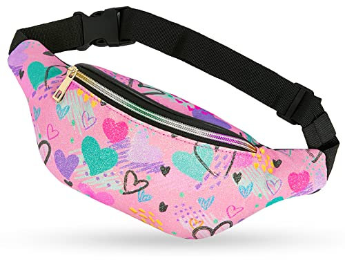 Basumee 12cmx32cm Kinder Bauchtasche Glitzer Sporttasche mit Kunstleder, Mädchen Gürteltasche Hüfttasche für Reiten Radfahren Laufen Camping Sport, Rosa
