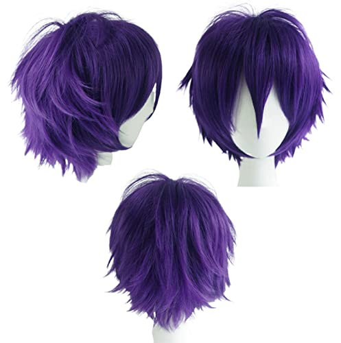 Anime Perücke Lila Kurze Cosplay Perücken Lila Damen Herren Synthetische Gerade Fancy Dress Perücke Gewellt Glatt Perücken Halloween Karneval Kostüm Party Perücke mit Gratis Mütze für Frauen Männer
