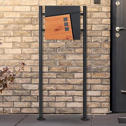 ECD Germany Standbriefkasten mit Zeitungsfach, Design Briefkasten mit Pfosten, Briefkastenanlage, Briefkastenständer Anthrazit 120cm Edelstahl pulverbeschichtet, Postkasten Anthrazit-Holzoptik Stahl