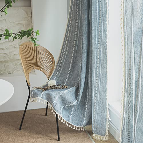 SASIGAYA Vorhänge Baumwolle Leinen Gardinen Boho Vintage Landhausstil Durchscheinende Quasten Blau Vorhang 120 hoch Durchbrochene Bestickte Verdunklungsvorhänge 2er Set für Schlafzimmer Wohnzimmer