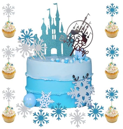NEODTX Frozen Tortendeko 42 Stück Eiskönigin Happy Birthday Tortendeko Glitzer Blue Schloss Kuchen Deko,Silber Schneeflocken Muffin Cupcake Deko,für Kinder Mädchen,Hochzeitstorte Cake Topper