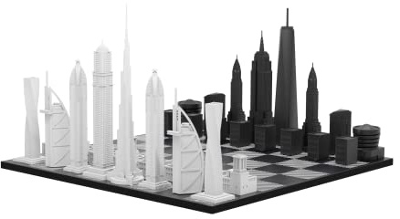 Skyline Chess - Acryl New York vs Dubai Edition - mit S/W Luke Brett, 38x38x23cm