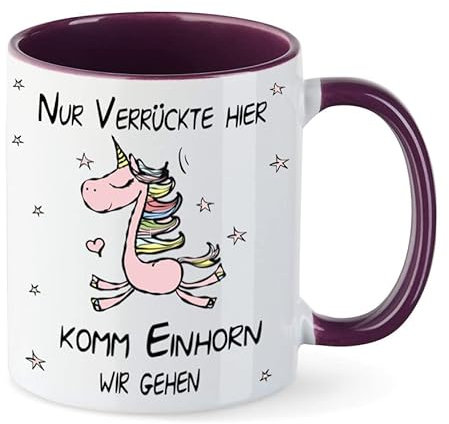NICE-PRESENTS - Tasse - Einhorn Nur Verrückte hier - Spülmaschinengeeignet Keramik Kaffeetasse lustig Motiv, Spruch, beidseitig bedruckt - Geburtstag, Weihnachten, Geschenkidee - Farbe X-Lila