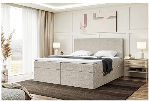 MEBLINI Boxspringbett mit Bettkasten - Gepolstert Doppelbett mit Matratze und Topper - Polsterbett mit Stauraum - Bett mit Kopfteil - Stauraumbett - Zlatan - 140x200 - H3/Beige Webstoff
