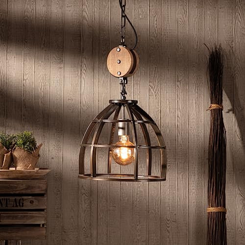 Lightbox antik schwarze Hängelampe - höhenverstellbare Vintage Pendelleuchte - 147 cm Höhe - Ø 34 cm - E27 Fassung - für Wohnzimmer- aus Metall/Holz aus kanadischer Schwarz-Pappel in Schwarz/Braun